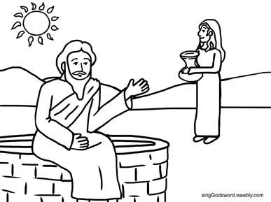 Free coloring sheet of Jesus and the samaritan woman at the well