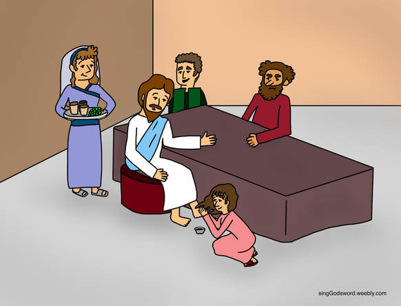 Free Mary anointing Jesus's feet kids bible class material. It includes a new song, coloring sheet, and teachers worksheet.