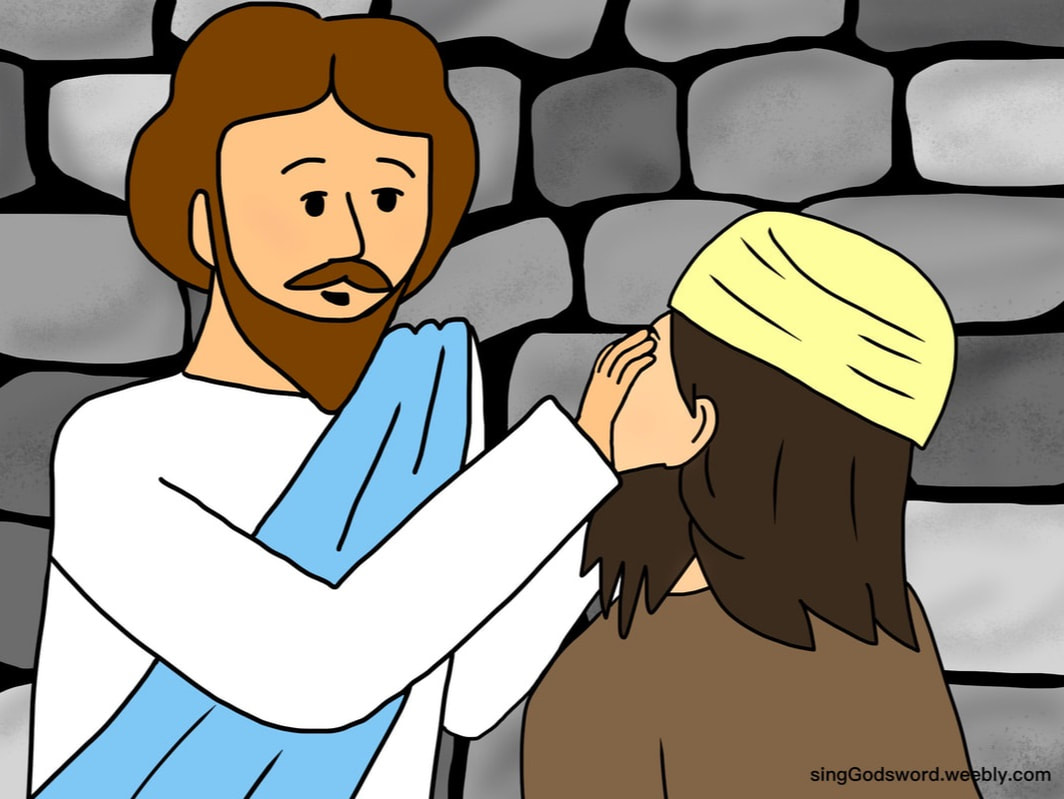 Free kids bible class teaching about Jesus healing the blind man. This class material includes a new song, free coloring sheet, free craft print out, and teacher worksheet. singGodsword.weebly.com