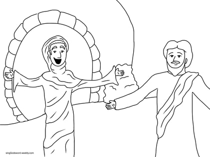 Free Lazarus coloring sheet. Teach children about Jesus raising Lazarus from the dead with a new song, coloring sheet, print craft, and teacher worksheet. singGodsword.weebly.com
