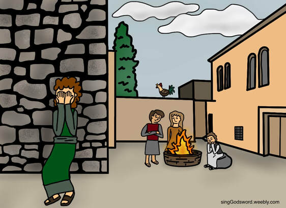 Children free bible class material over Peter's denial of Jesus. Material includes a new song, activity, coloring sheet, and teacher worksheet. singGodsword.weebly.com