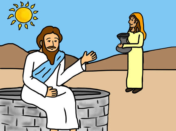Jesus and the Samaritan Woman at the well. Children's bible class with a new bible song.