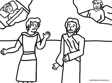 Free coloring sheet of Jesus healing the officials son. For more free coloring sheets check out singGodsword.weebly.com